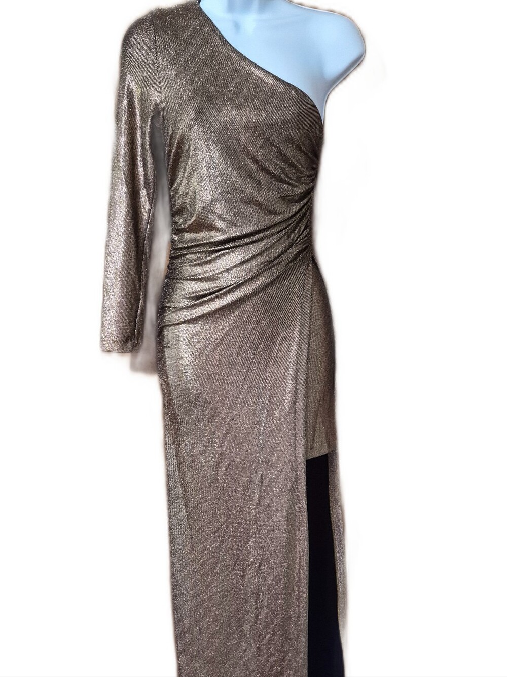 Zara One-Sleeve Metallic Bronze Side Slit With Short Skirt  Evening Dress NWT